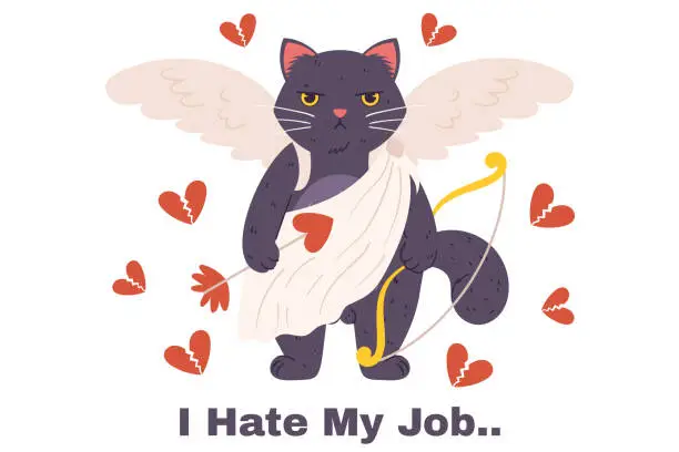 Vector illustration of Grumpy cupid cat stands in a white cloth, holding arrow and bow in paw with wings behind him. Annoyed character who doesn't like Valentine's Day And Text - I Hate My Job.