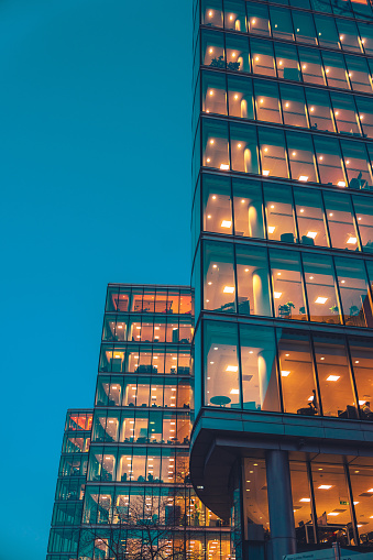 Illuminated office buildings in London at Night