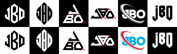 ilustrações de stock, clip art, desenhos animados e ícones de jbo letter logo design in six style. jbo polygon, circle, triangle, hexagon, flat and simple style with black and white color variation letter logo set in one artboard. jbo minimalist and classic logo - artboard