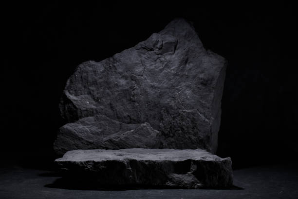 istock Flat stone pedestal, black and white template, banner background. Minimalism concept, empty podium display product, presentation scene 1944463497