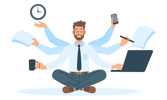 Flat vector illustration. Young man in office clothes with three pairs of hands doing many things at the same time. Concept of multitasking and calmness