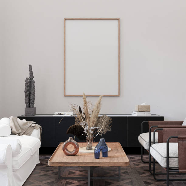 istock Mockup frame, poster empty in home design, farmhouse modern interior design element mockup, 3d rendering. 1944478644