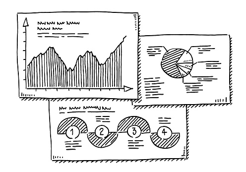 Hand-drawn vector drawing of a Business Graph Sheets. Black-and-White sketch on a transparent background (.eps-file). Included files are EPS (v10) and Hi-Res JPG.