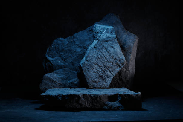 istock Flat stone pedestal in blue neon light template banner background. Minimalism concept, empty podium display product, presentation scene 1944497868