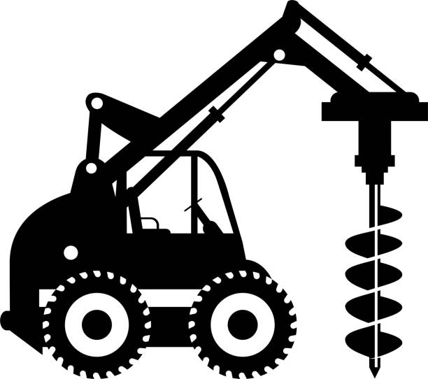 Silhouette of Mobile Drilling Rig Truck Icon in Flat Style. Vector Illustration Silhouette of Mobile Drilling Rig Truck Icon in Flat Style. ice auger stock illustrations
