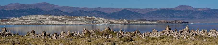 A panoramic view of a lake encircled by majestic mountains
