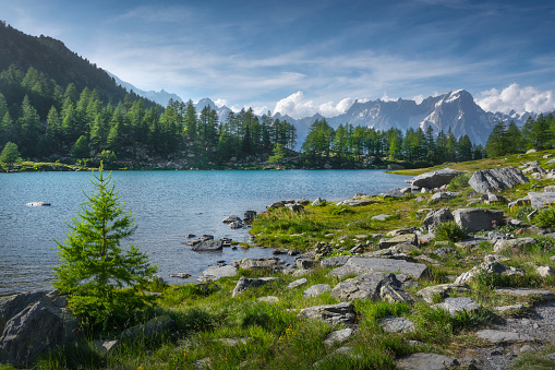 The Arpy Lake (Lago d'Arpy in italian) and the The Grandes Jorasses mountain in the Mont Blanc massif in the background. Morgex, Aosta Valley region, Italy