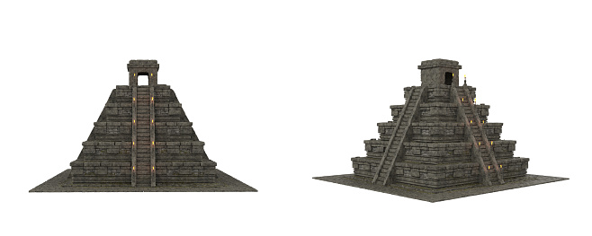 Ancient Aztec or Mayan pyramid. Isolated 3D rendering from 2 angles.