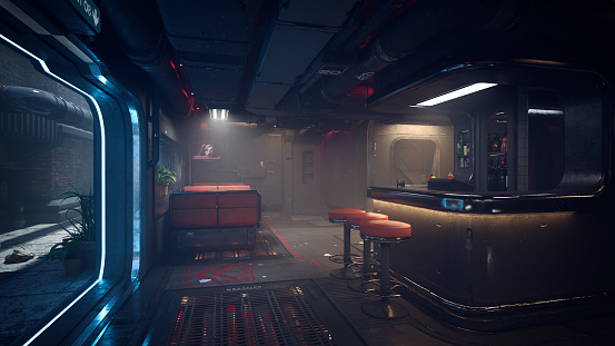 Dark moody saloon bar on a fantasy alien planet. Cyberpunk concept environment background. 3D rendering.