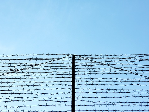 Barbed wire steel wall against the blue sky