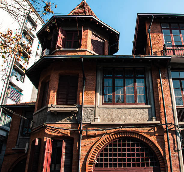 A historic red brick structure in the city of Wuhan, China