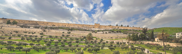 Magnificent panorama of gardens and the ancient walls of the Old City of Jerusalem