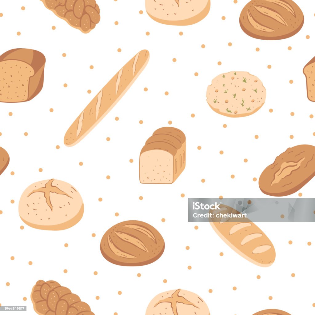 Bread Picture Pattern Hand Drawn Seamless Pattern With Different Type Of Bread And Dots Stock ...
