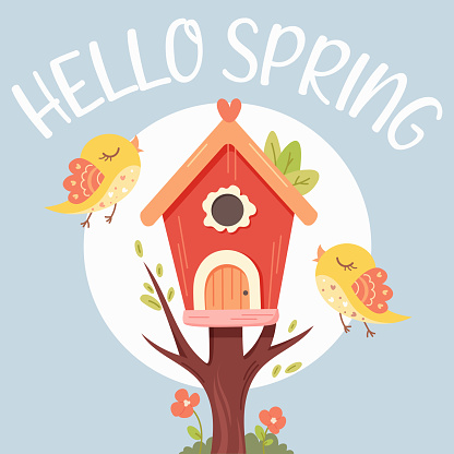 Hello Spring greeting card with birdhouse and singing birds on blue background. Vector illustration in flat cartoon style