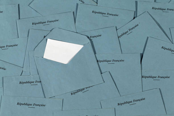 Set of blue envelopes with a ballot paper and voter card stock photo