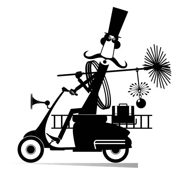 Vector illustration of Cartoon chimney sweeper rides on the scooter