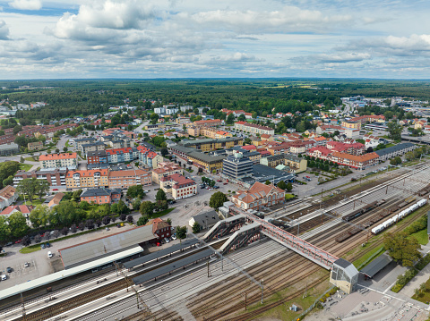 Aerial view of the train station and central Alvesta in the Småland region of Sweden.