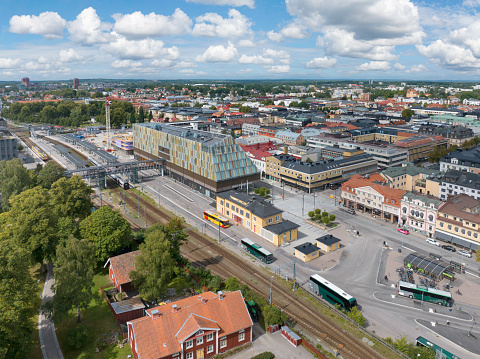 Aerial view of the city hall and train station in central Växjö, Sweden.