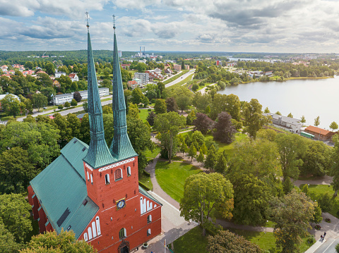 Aerial view of Växjö Cathedral founded in the 1100s, a major landmark of the city of Växjö.