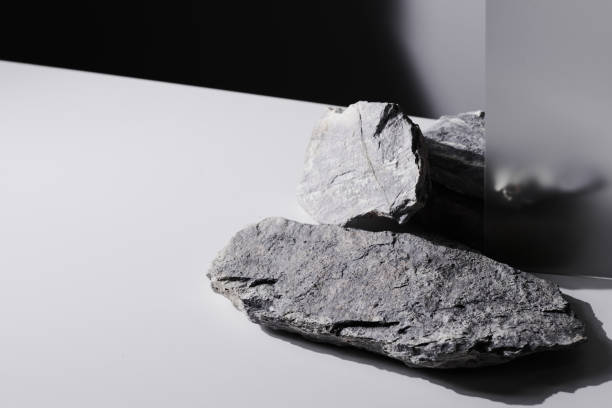 istock Flat stone pedestal and rectangular glass, black and white template, banner background. Minimalism concept, empty podium display product, presentation scene 1944591846