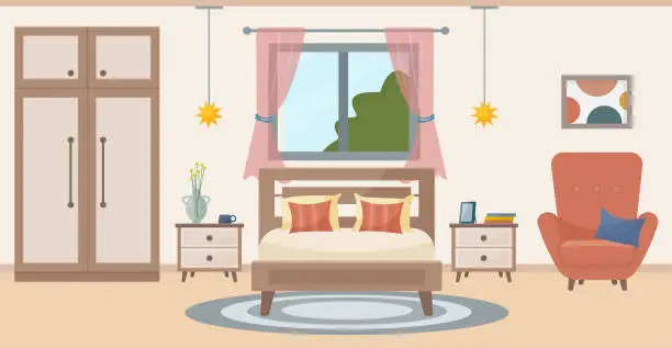 Vector illustration of Cozy bedroom. Bedroom interior: bed, soft chair, carpet, potted plants, wardrobe, window overlooking the summer. Interior concept. Vector flat illustration.