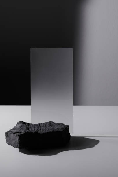 istock Flat stone pedestal and rectangular glass, black and white template, banner background. Minimalism concept, empty podium display product, presentation scene 1944605044