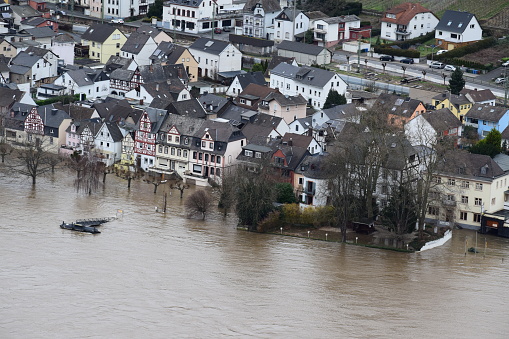 Andernach, Germany - 01/05/2024: flood at Leutesdorf, seen from across the Rhine