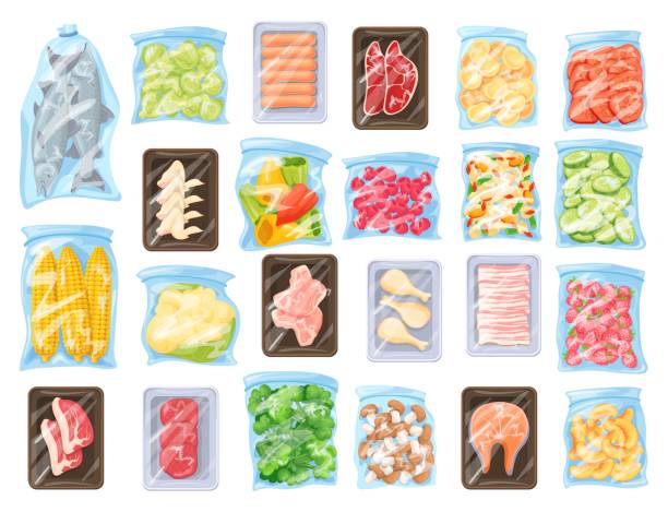 beutel mit gefrorenen lebensmitteln. gefrierkonservierungsprodukte in kunststoff-polyethylenbeutel aus dem kühlschrank oder supermarkt-gefrierschrank, fleisch-obst-gemüse-eisverpackung, karikatur-vektor-illustration - gefrorener-see stock-grafiken, -clipart, -cartoons und -symbole