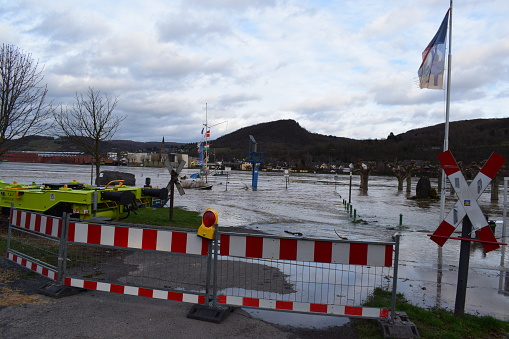 Brohl, Germany - 01/05/2024: Flooded park at the Rhine