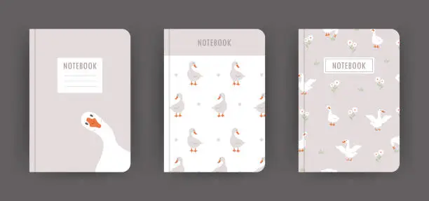 Vector illustration of Cover page notebook collection. Templates with cute farm gooses. Perfect for diary, books, magazines, journals, catalogs, planners and flyers. Vector layouts. Cartoon style