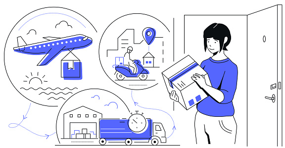 Delivery to the door - modern line design style illustration on white background. Composition with woman holding box, an airplane, courier on a moped, truck, warehouse with goods and storage