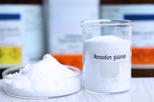 Monosodium glutamate in chemical container , chemical in the laboratory and industry, Raw materials used in production or analysis