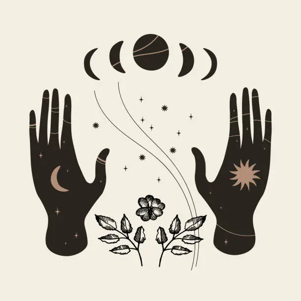 Vector illustration of Full Moon magic Rituals hand drawn vector boho illustration mystical motif Doodle with hands moon stars wild plants. Lifestyle, change, customs, yoga, spiritual, ayurveda. Design for flyer print card