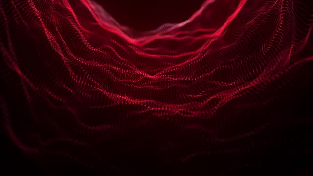 Dynamic wave of glowing particles. Abstract background with connecting dots. Network connection structure. 3d rendering. 4k animation