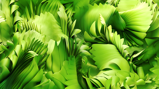 Lots of green leaves or grass moving in the wind, metaphor for sustainability or green energy, 3d render.