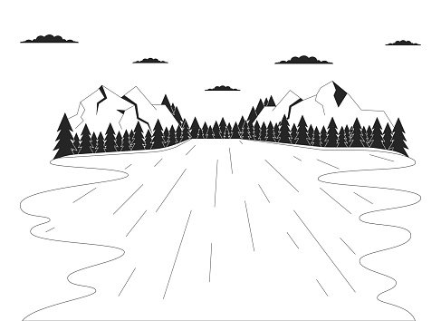 Lake forest mountains black and white cartoon flat illustration. Pine trees river mountainside 2D lineart landscape isolated. Wilderness water peaceful outdoors monochrome scene vector outline image