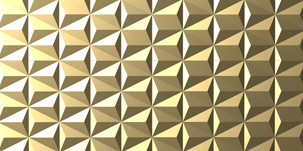 Golden geometric squares with light reflections on white background poster with copy space. Computer generated image photography.