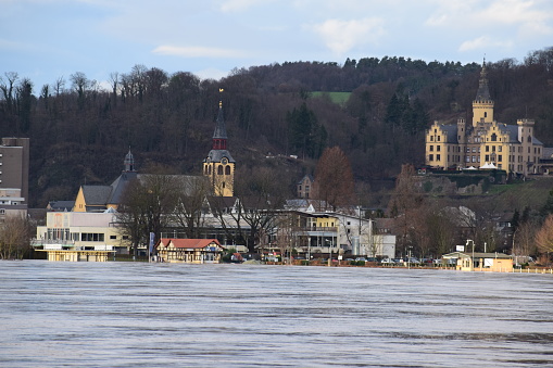 Bad Hönningen, Germany - 01/05/2024: Flood at the Rhine valley small town