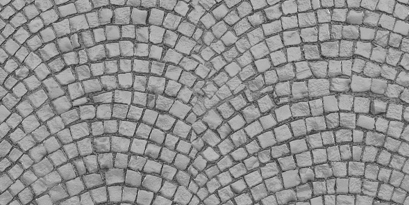 Top view of cobblestone pavement background poster with copy space. Computer generated image photography.