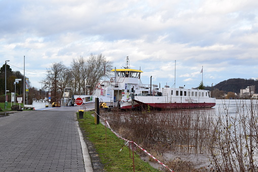 Bad Breisig, Germany - 01/05/2024: Ferry across the Rhine operating despite the flood