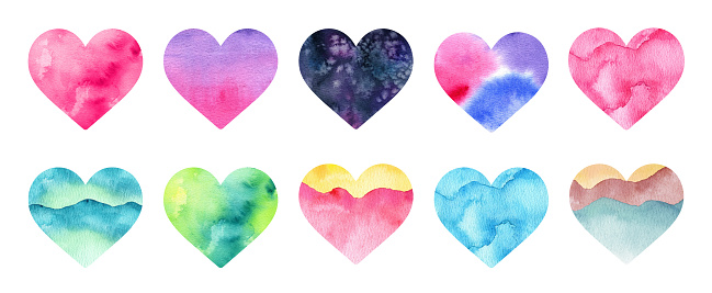Set watercolor hearts illustration for Valentines Day celebrations. Abstract background with watercolor textures. Colorful hearts for greeting cards, declarations of love, holiday decoration interior.