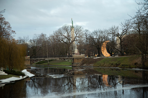 Riga in winter, Vermanes-Park against a blue sky. Riga, Latvia. High quality photo