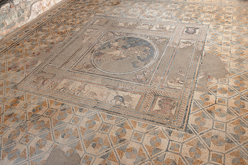 Mosaics found in archaeological explorations of the Roman ruins in Conimbriga, Portugal.