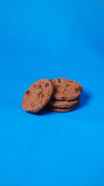 4 pedaços de deliciosos biscoitos de chocolate recém-assados sobre um fundo azul ou fundo croma azul representando o dia nacional do biscoito - bakery baked biscuit sweet food - fotografias e filmes do acervo