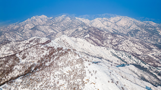 Aerial Drone View of Snowy Mountain Scenery