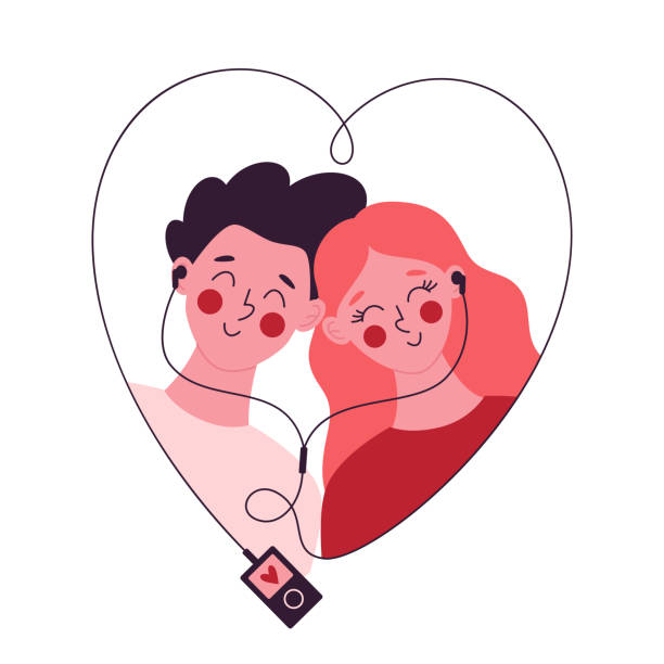 ilustrações, clipart, desenhos animados e ícones de casal romântico ouvindo música com um player de áudio. casal apaixonado no dia 14 de fevereiro. ilustração vetorial do dia dos namorados - heterosexual couple audio