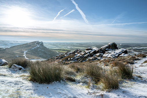 A rural Peak District National Park winter landscape scene. Panoramic view of Hen Cloud from The Roaches.