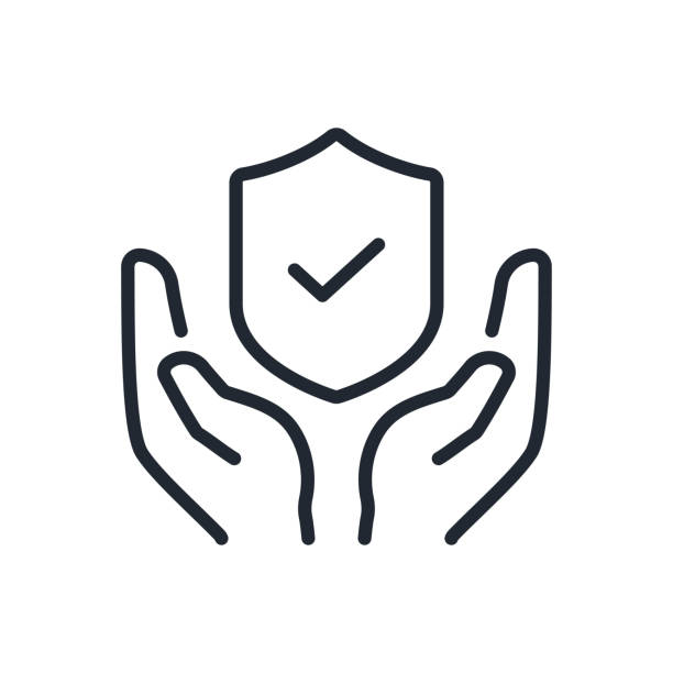 hände, die ein schild halten, bearbeitbares strichumrisssymbol, isoliert auf weißem hintergrund, flache vektorillustration. pixelgenau. 64 x 64 cm. - versicherung stock-grafiken, -clipart, -cartoons und -symbole