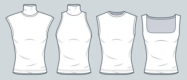 Vector illustration of Sleeveless T-Shirt technical fashion illustration. Slim Fit Top fashion flat technical drawing template, round neck, roll neck, square neck, front view, white, women, men, unisex Top CAD mockup set.