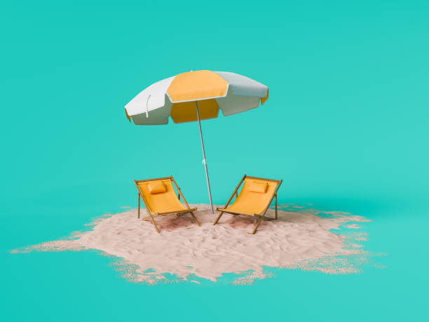 istock Tropical Beach Setting with Sun Loungers and Umbrella on Sand 1944699900